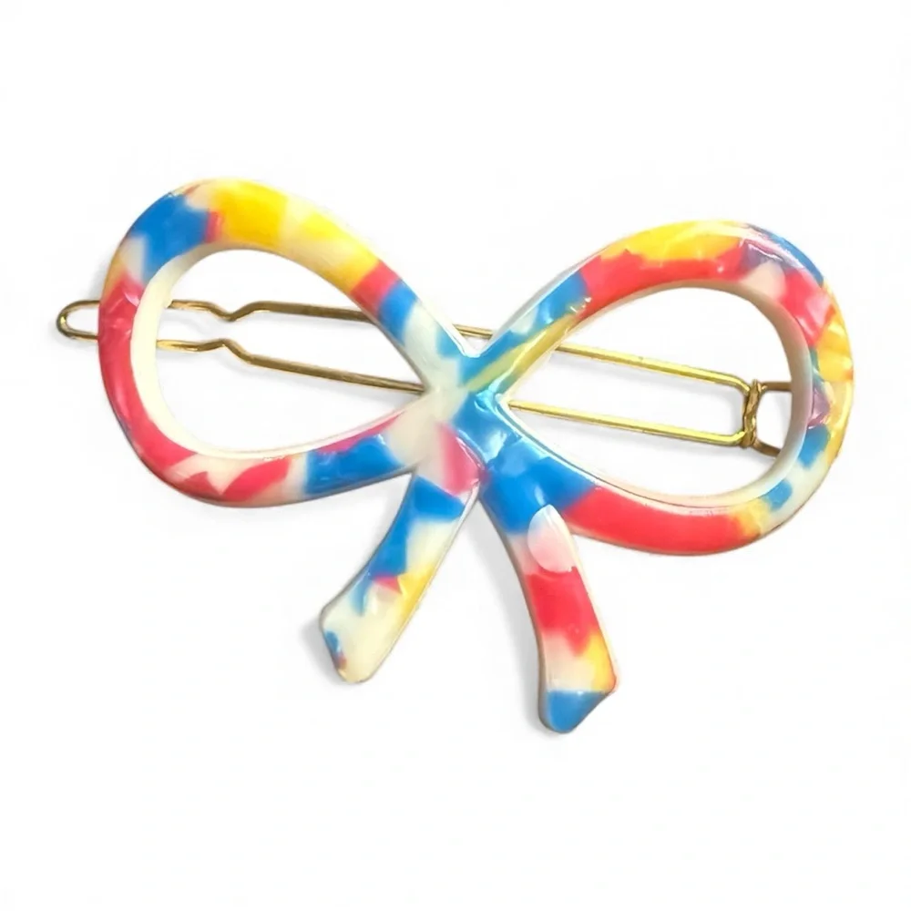 1960’s Vintage French Bow Barrette in Bright Pink Blue, Wire Clasp ,Unworn, 2.5”